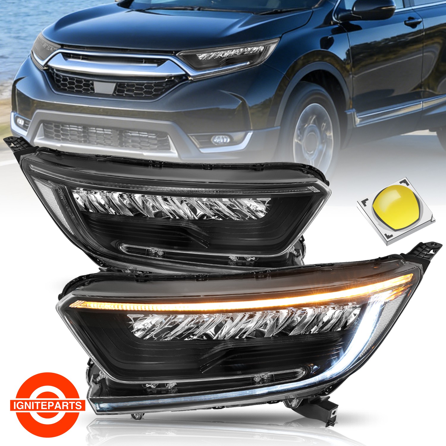 For 2017-2022 Honda CRV Full LED Black Headlights Assembly Pair
