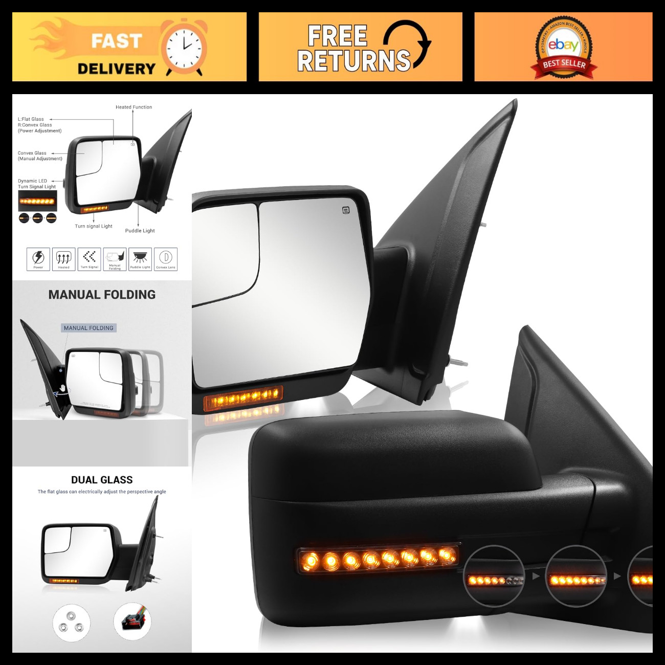 Dynamic Side Mirrors for 2004-2014 F150 - Adjustable, Heated, LED Turn Signal