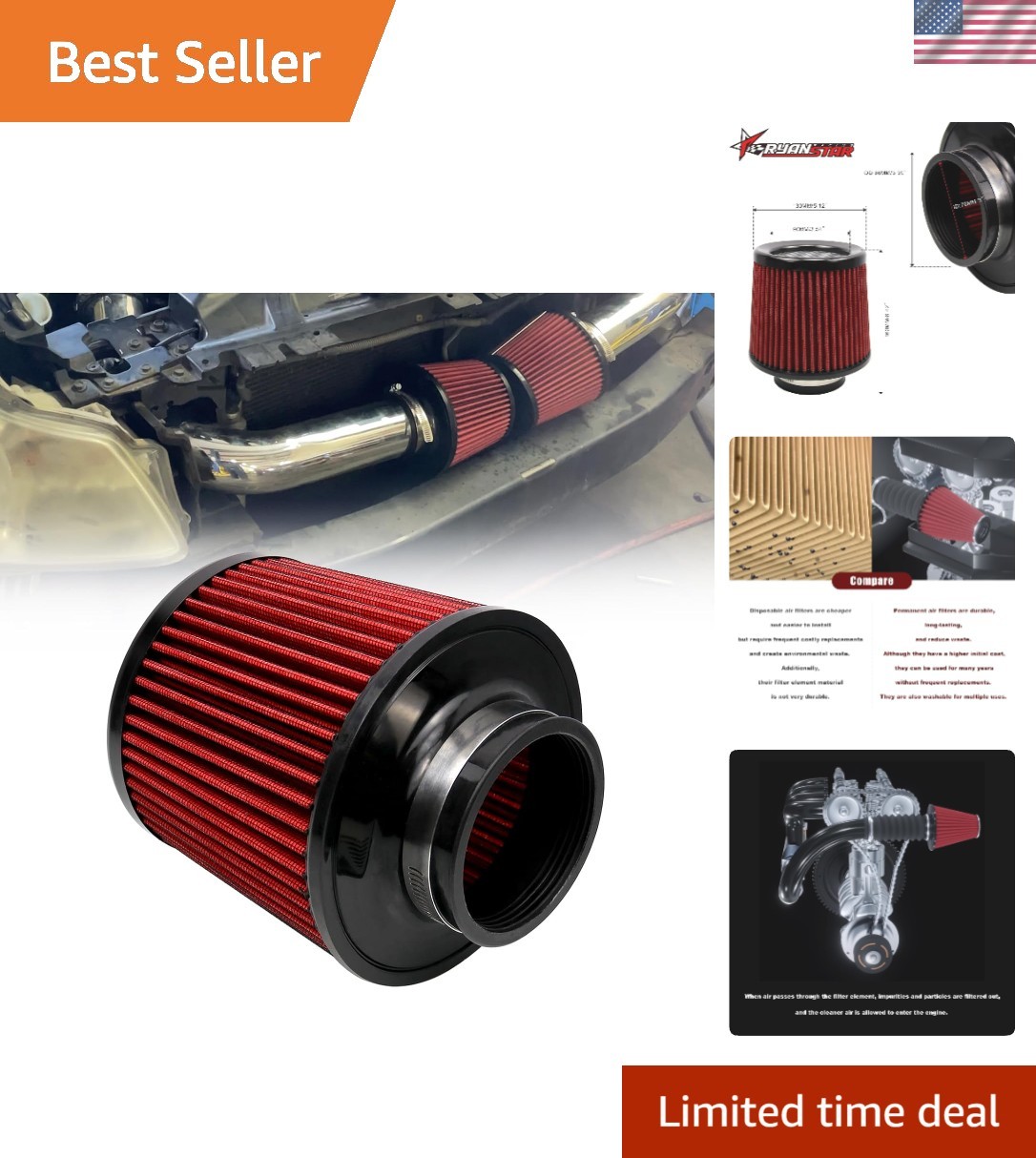 Universal 3 Inch Cone Air Filter -  High Flow with Two-Layer Filtration