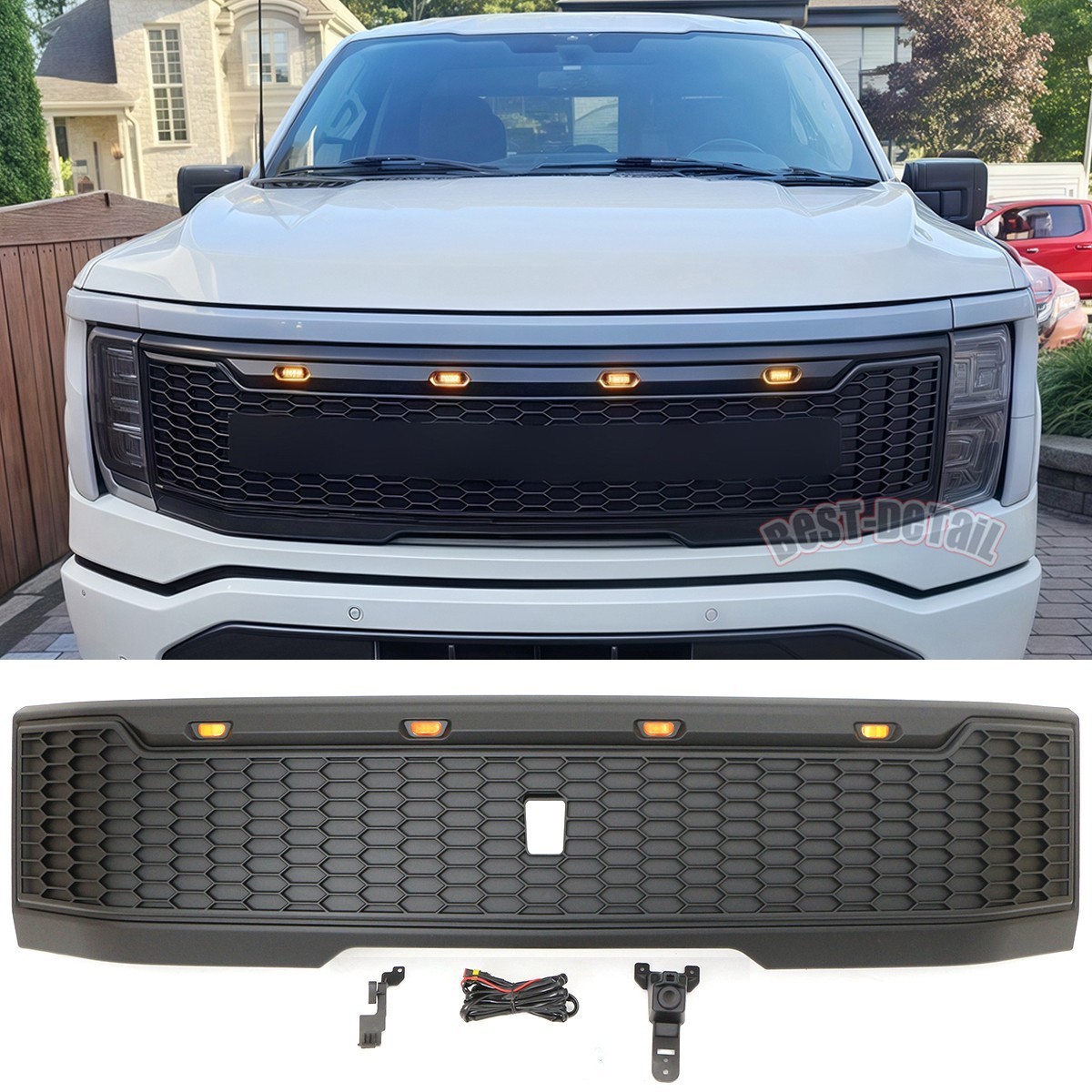 Front Grille Fits For Ford F-150 Lightning 2023 24 25 Black Upper W/LED Lights