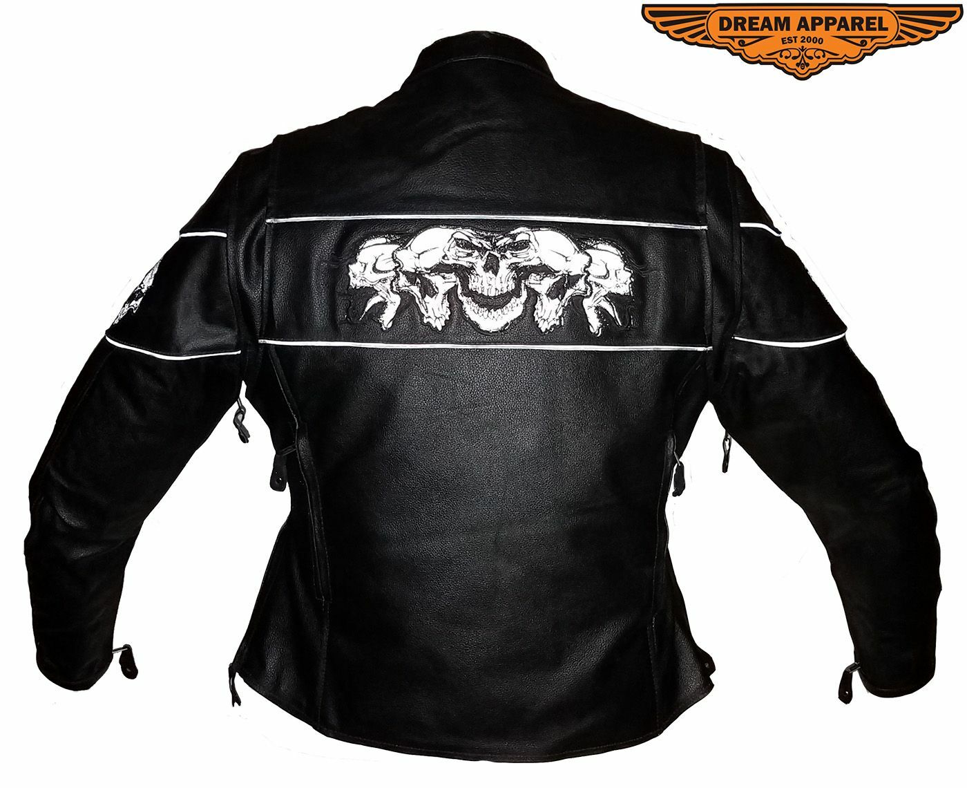 Women's Motorcycle Leather Jacket with Reflective Skulls and Multiple Pockets 