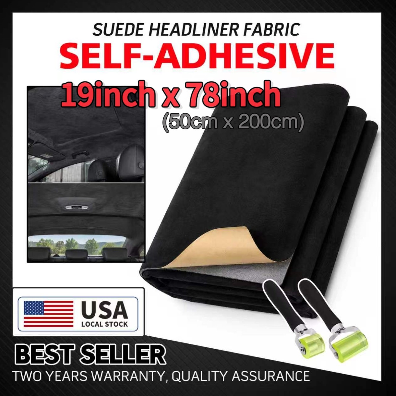 Premium Self-Adhesive Suede Fabric Wrap w/ Tools, For Cars, 19 in x 78 in, Black