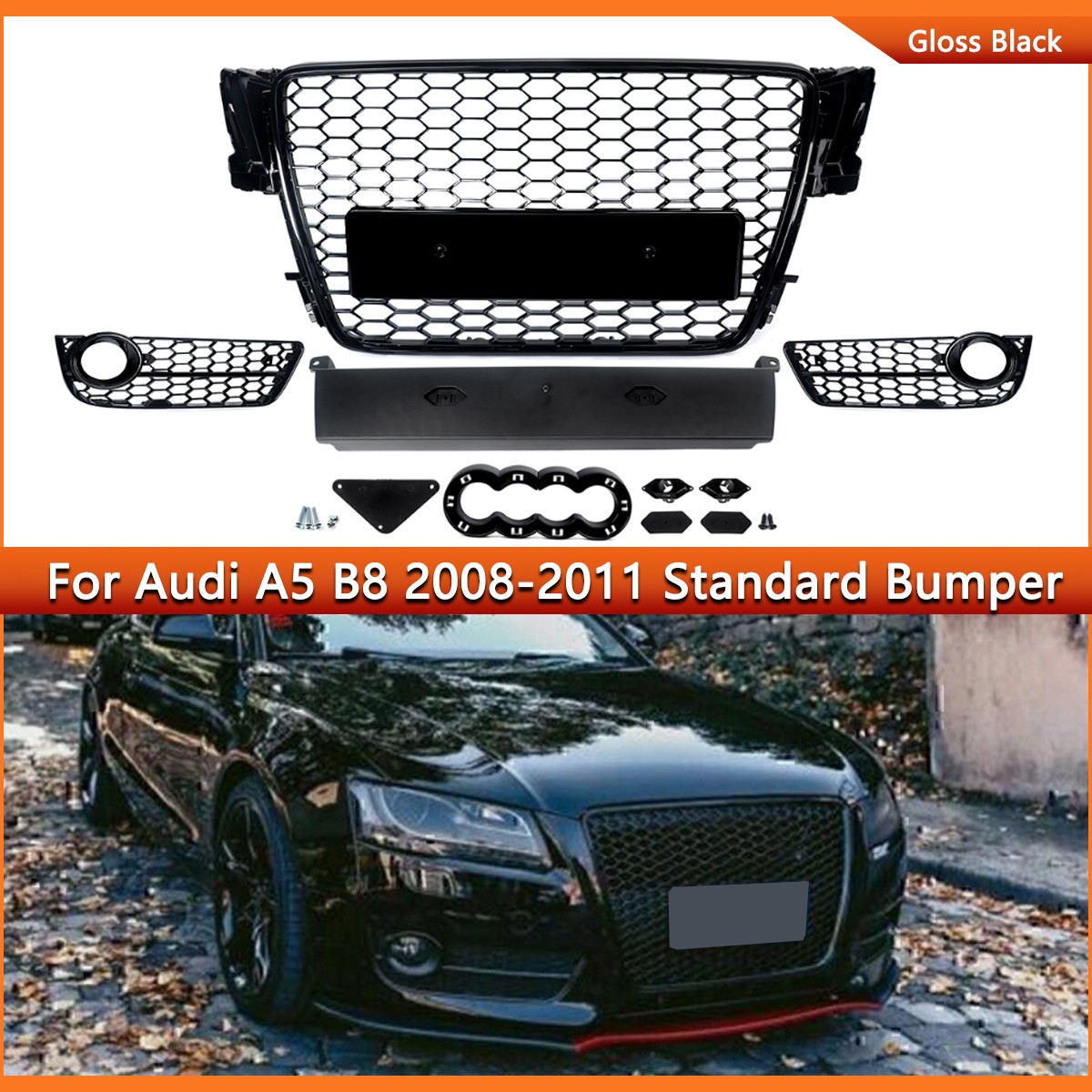 RS5 Honeycomb Front Grille & Fog Light Grill Glossy Black For Audi A5 2008-2011