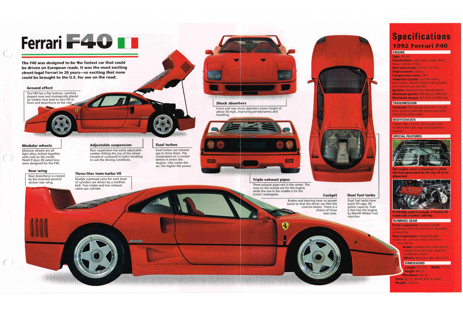 1987 - 1992 FERRARI F40 / F-40 SPEC SHEET / Brochure / Catalog / Flyer, 1991,