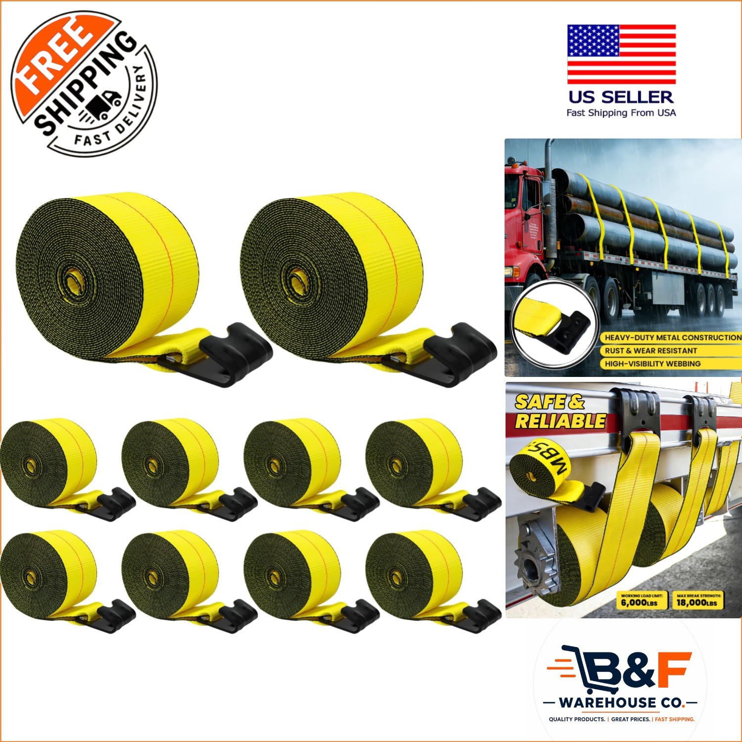 Flatbed Trailer Winch Straps 4\'\' x 30\' - 10 Pack, 18,000 lbs for Secure Hauling