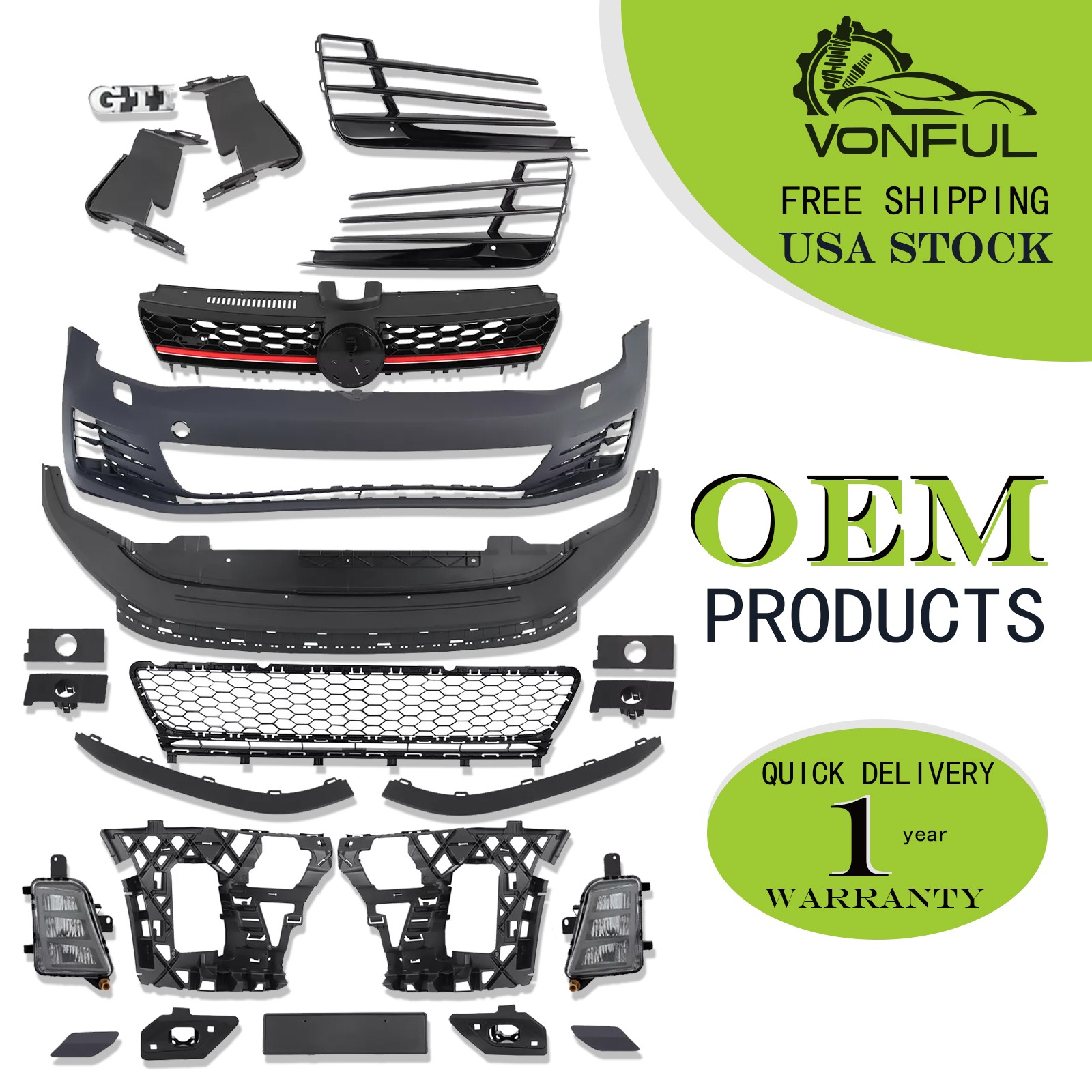 Front Bumper Cover Kit For 2015-2017 Volkswagen VW Golf MK7 GTI Style Unpainted