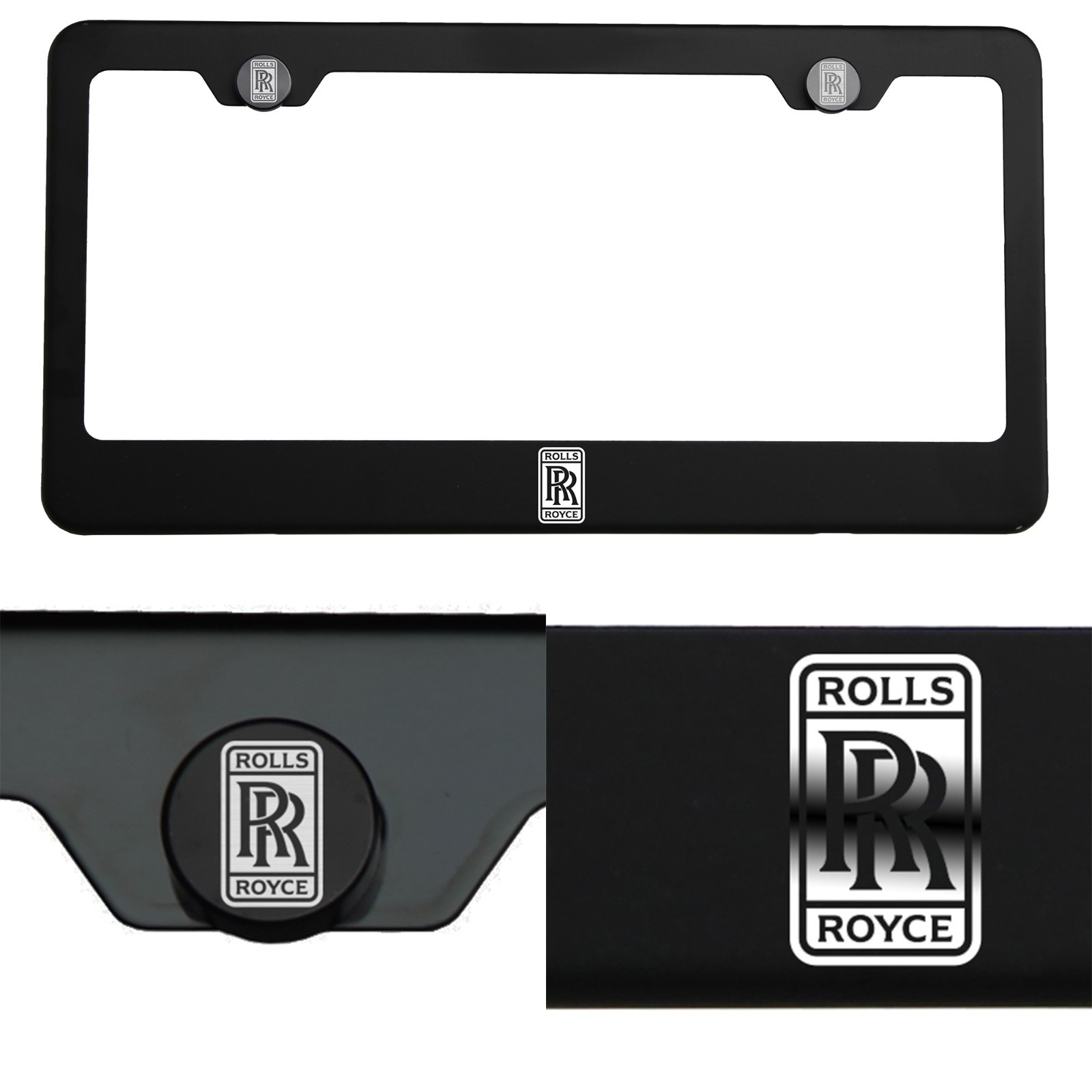 Laser Engraved Rolls Royce Logo Mirror Matte Black License Frame Stainless Steel