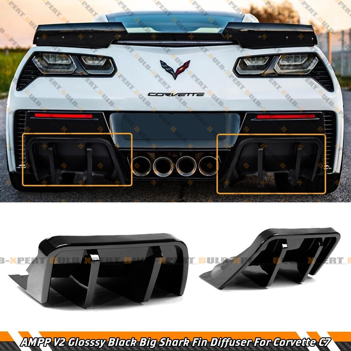 STG 3 Big Fin Gloss Black Rear Bumper Diffuser Kit For 2014-2019 Corvette C7 Z06