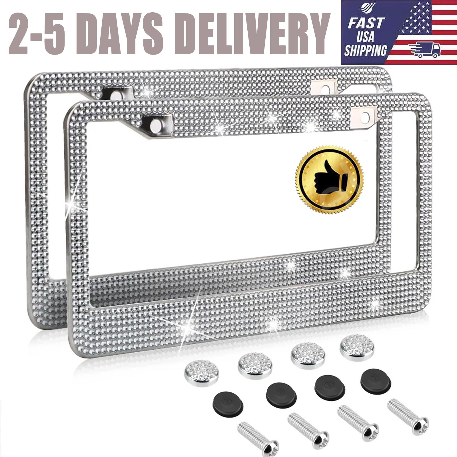 2PC Bling License Plate Frame Glitter Crystal Sparkling Rhinestone Diamond Caps