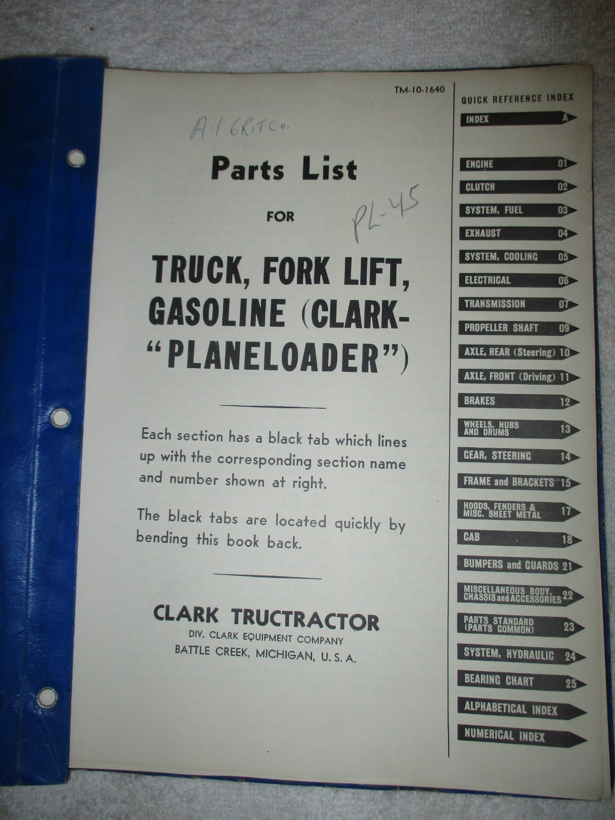 RARE ORIG CLARK PL45 WWII FORKLIFT PLANELOADER PARTS MANUAL w/CLARK PART NUMBERS