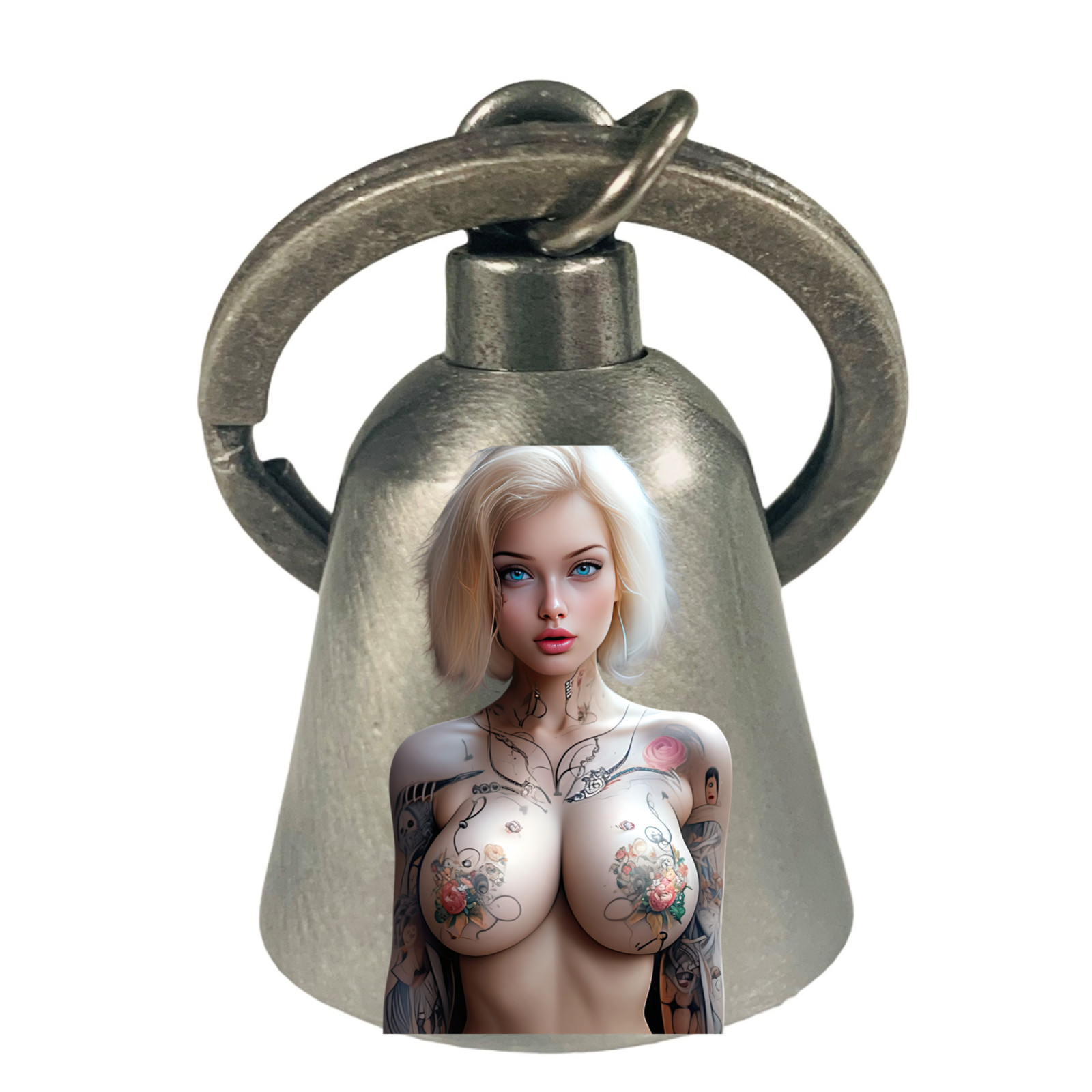 Sexy Tattooed Blond Motorcycle \'Evil Spirits\' Biker Guard Bell. Silver Bell