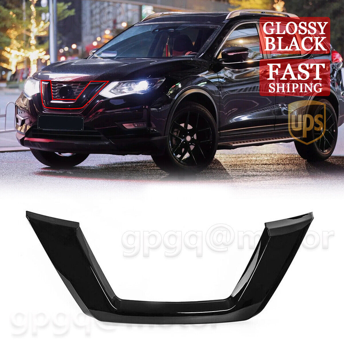 For Nissan Rogue 2017 2018 2019 2020 Gloss Black Front Grille Trim Molding Outer