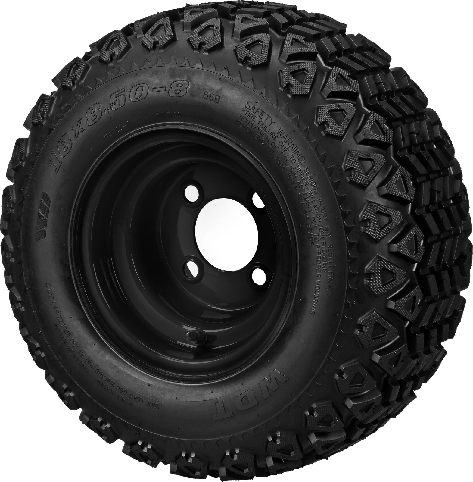 18x8.50-8 Black Trail All-Terrain DOT Tires on 8x7 Flat Black Steel Wheels (4)