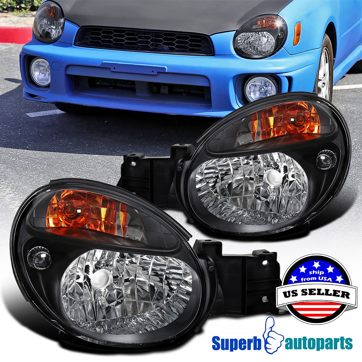 Fits 2002-2003 Subaru Impreza WRX Headlights Black Head Lamps Pair Left+Right