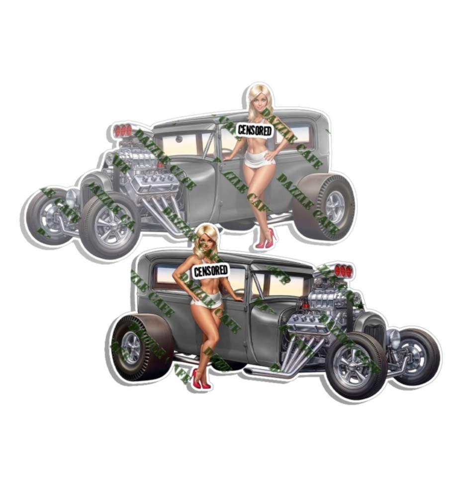 Pinup Girl Sticker Fits Ford GRAY 1929 Sedan Nose Art Pin Up Decal 2 PACK
