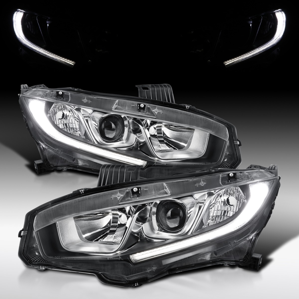 Fit 2016-2021 Honda Civic Halogen Projector Headlights Lamps w/ LED Left+Right