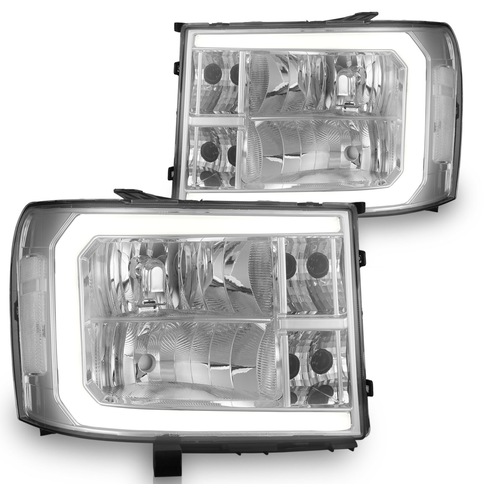 Chrome Headlights For 2007-2013 GMC Sierra 1500 2500HD 3500HD w/LED DRL L+R Pair