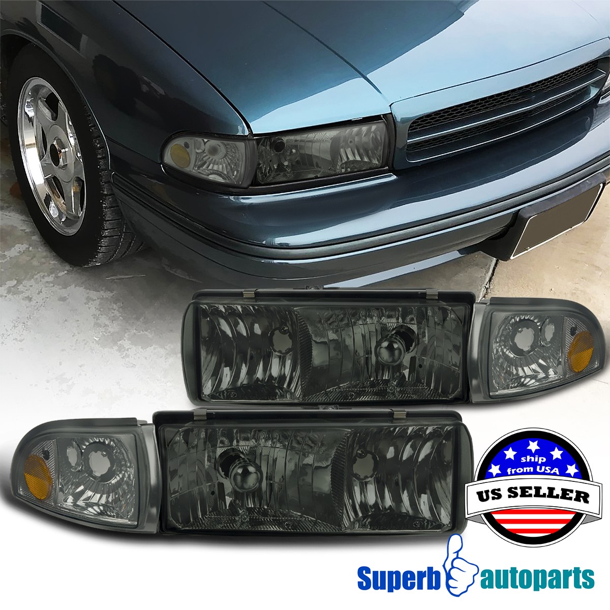 Fits 1994-1996 Chevy Impala Headlights Head Lamp w/ Corner Lights Smoke Fits 1994-1996 Chevy Impala Headlights Head Lamp w/ Corner Lights Smoke