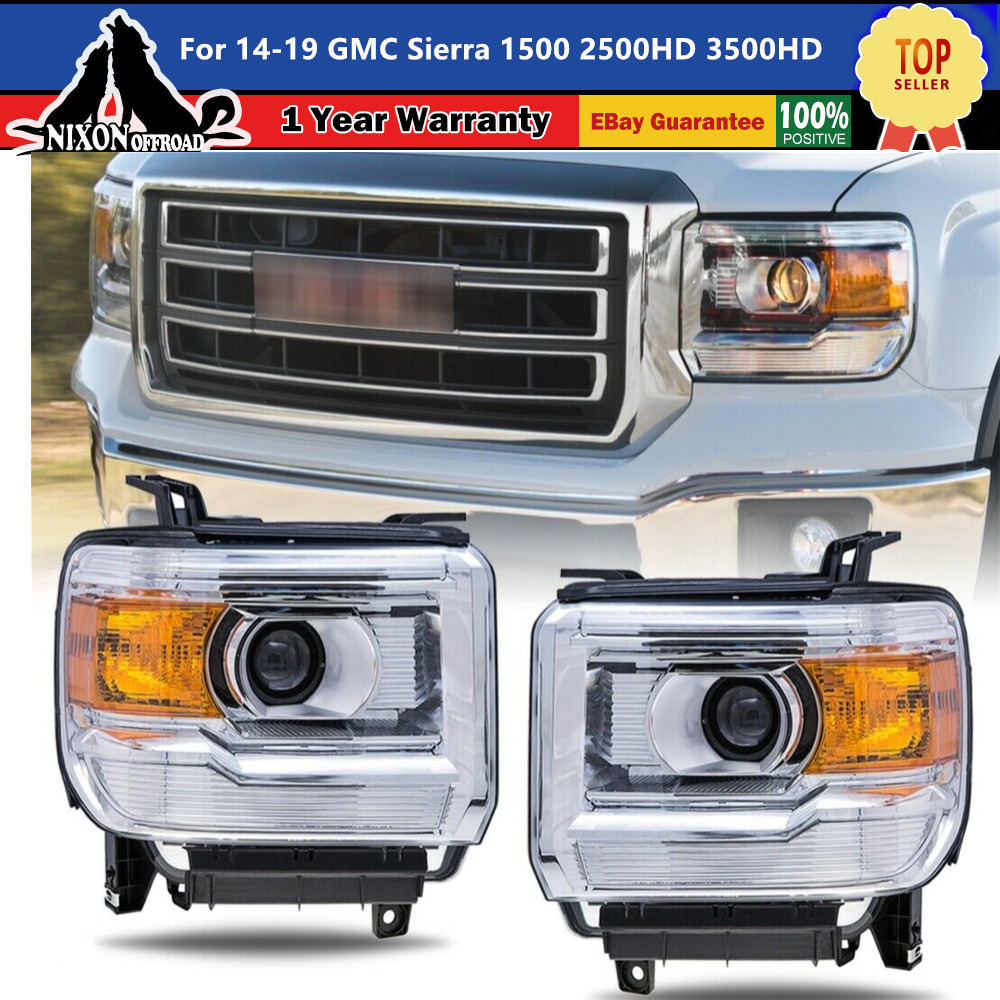 For 14-15 GMC Sierra 1500 15-19 2500 HD Projector Headlights Halo Chrome Pair