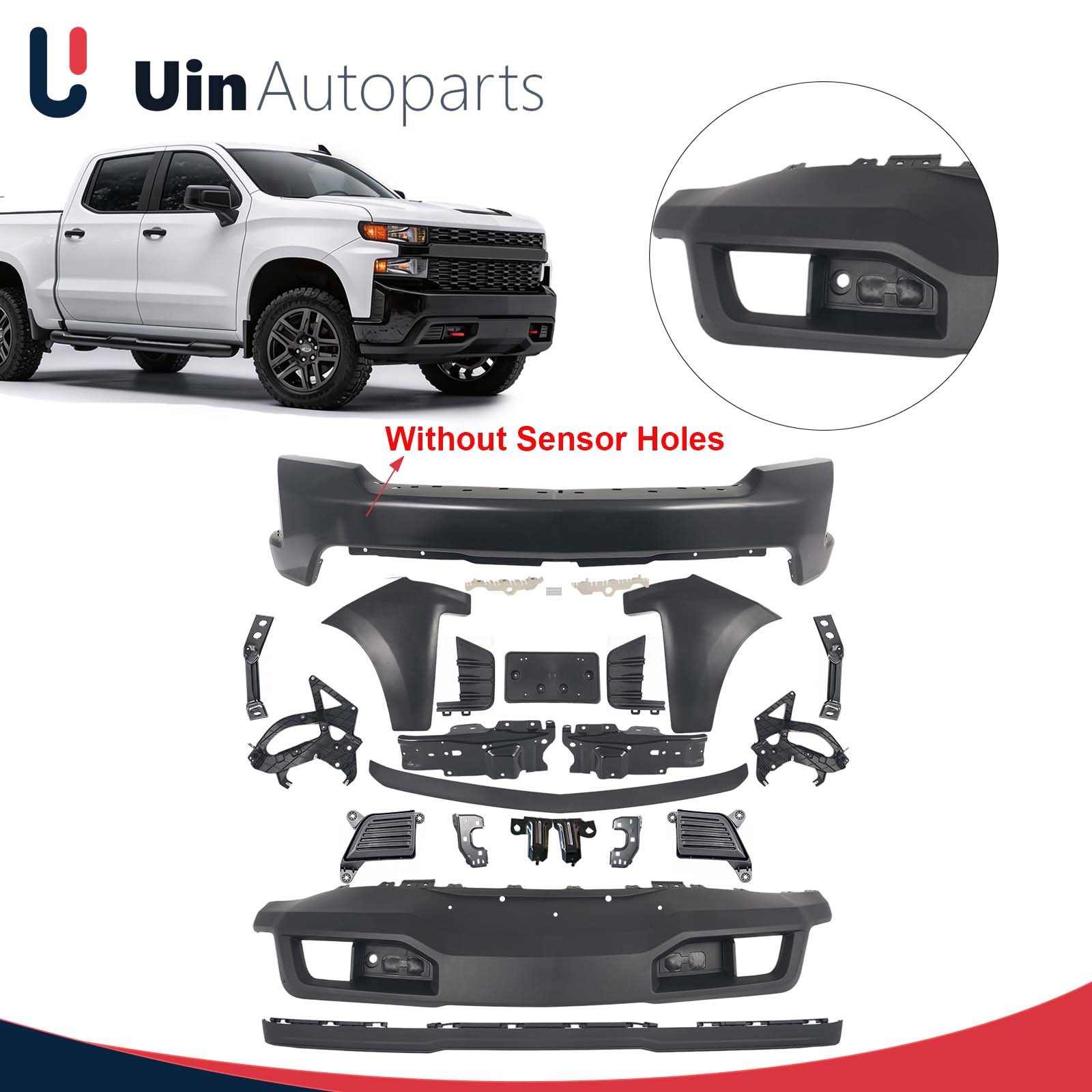 Fit 2019-22 Chevrolet Silverado 1500 Front Bumper Kit W/ Fog Lamp Covers +Trim