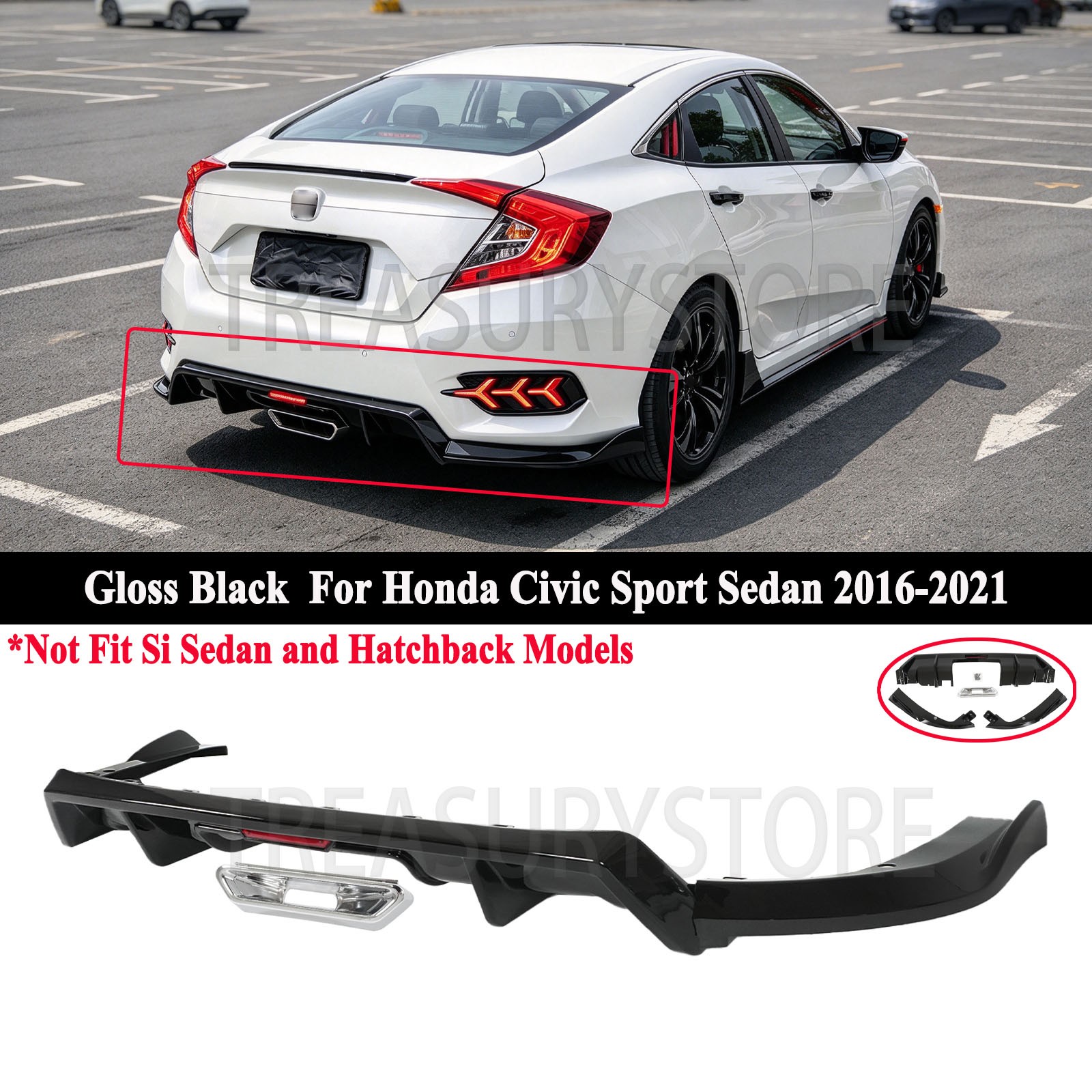 For Honda Civic Sedan 2016-2021 Si Style Glossy Rear Bumper Diffuser Exhaust Tip