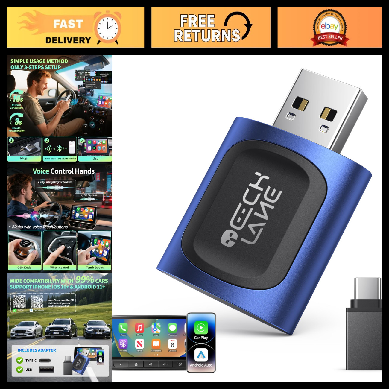 2-in-1 Wireless CarPlay & Android Auto Adapter - Bluetooth, Fast Auto-Connect, U 2-in-1 Wireless CarPlay & Android Auto Adapter - Bluetooth, Fast Auto-Connect, U