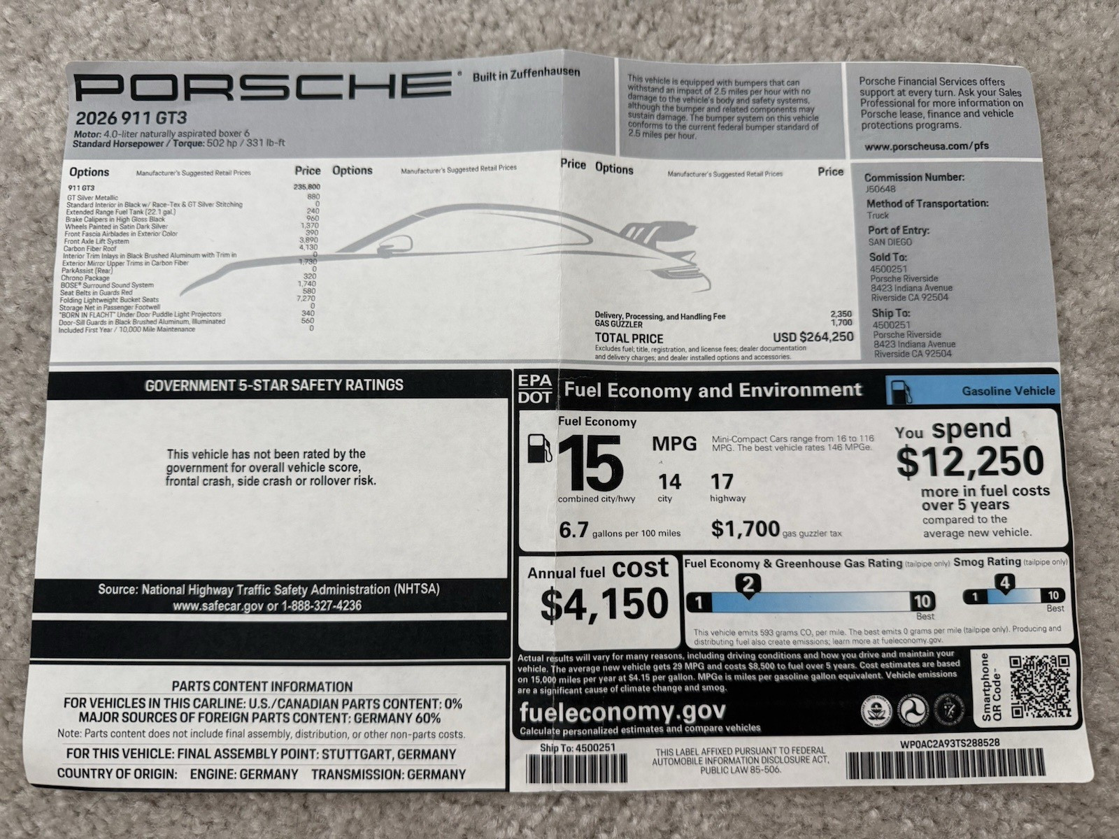 2026 Porsche 911 GT3 992.2 Original Factory Window Sticker WP0AC2A93TS288528