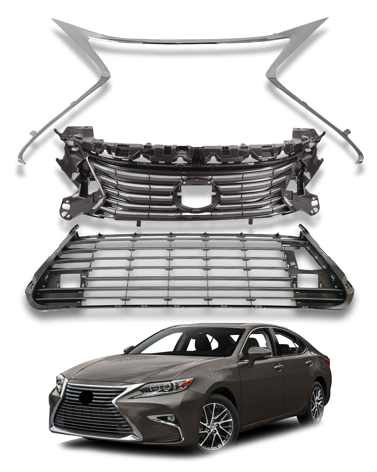 For Lexus ES ES300h ES350 2016 2018 Front Grille Molding Trim Assembly Set 3pcs