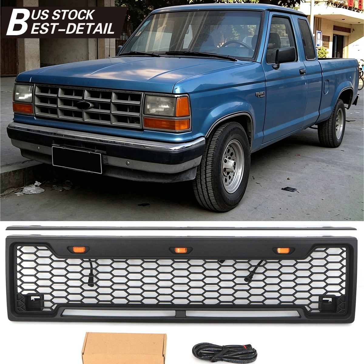 Black Front Grille Fit For 1989-1991 Ford Ranger / BRONCO Grille With LED Lights
