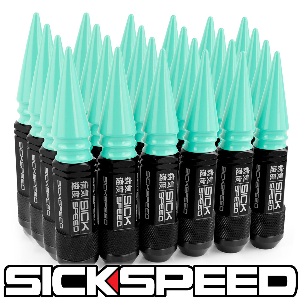 SICKSPEED 24 PC BLACK / MINT GREEN SPIKED ALUMINUM 108MM 3 PC LUG NUTS 14X1.5