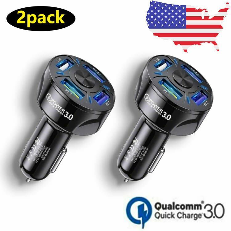 2x 4-Port USB Car Charger Adapter QC3.0 Fast Charging For iPhone Samsung Android