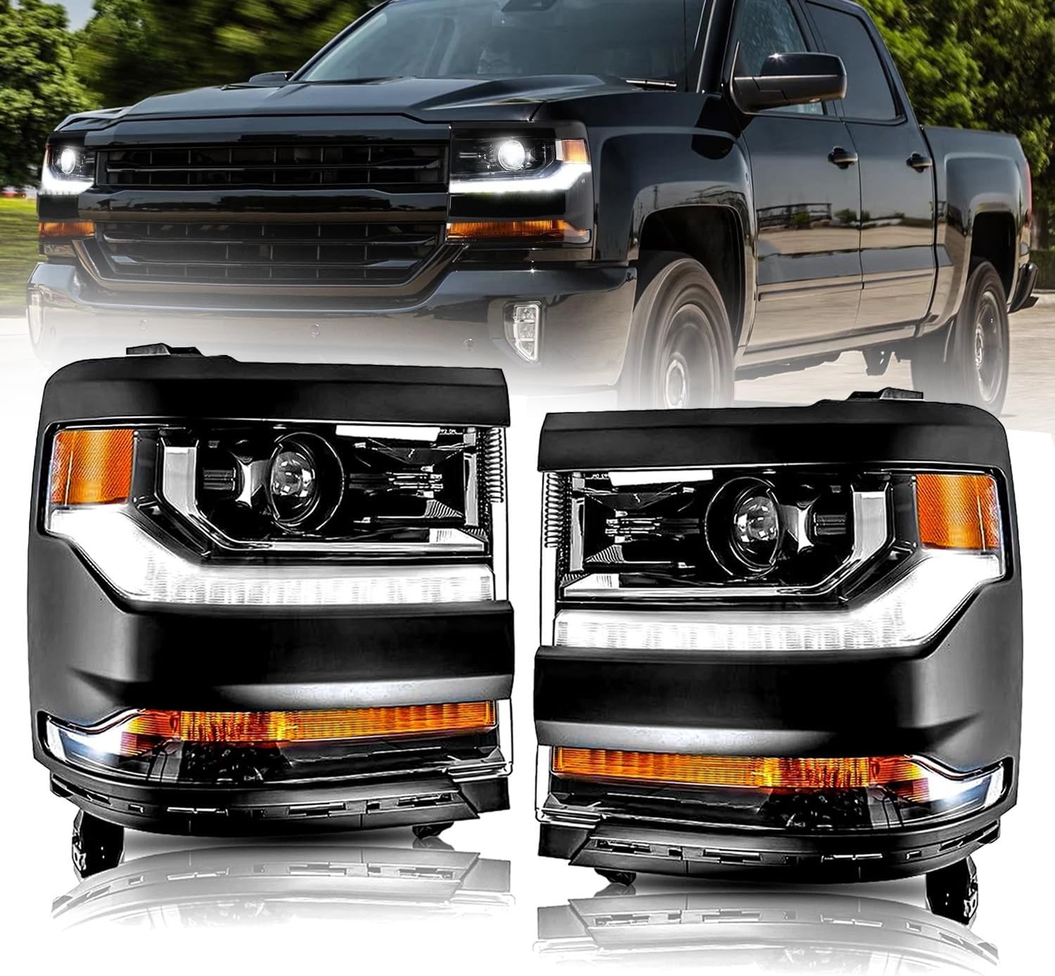 For 2016-2019 Chevy Silverado 1500 DRL LED Headlights Projector HID/Xenon PAIR