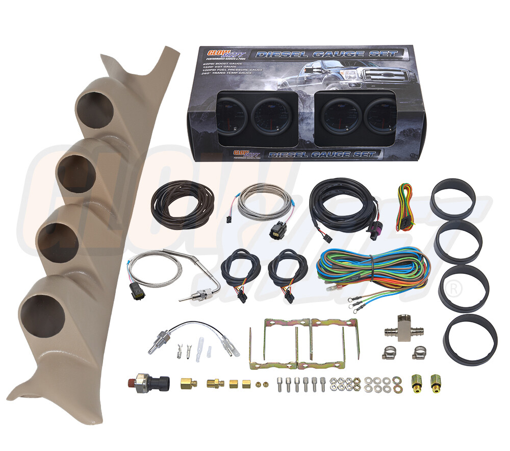 GlowShift T7 4 Gauge Diesel Set + Tan Pod for 99-07 Ford Super Duty Powerstroke