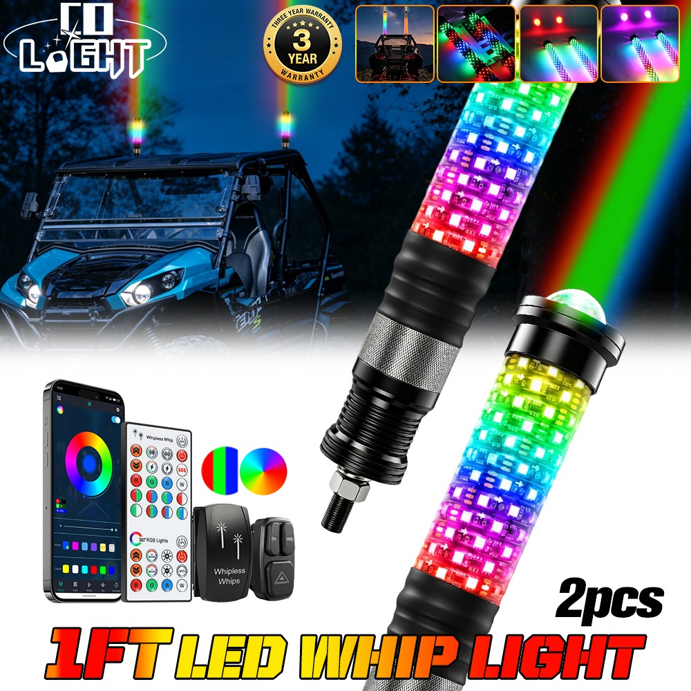 Upgrade 2x1FT Fat LED Laser Spiral Chasing RGB Whip Light For Kawasaki Teryx 800