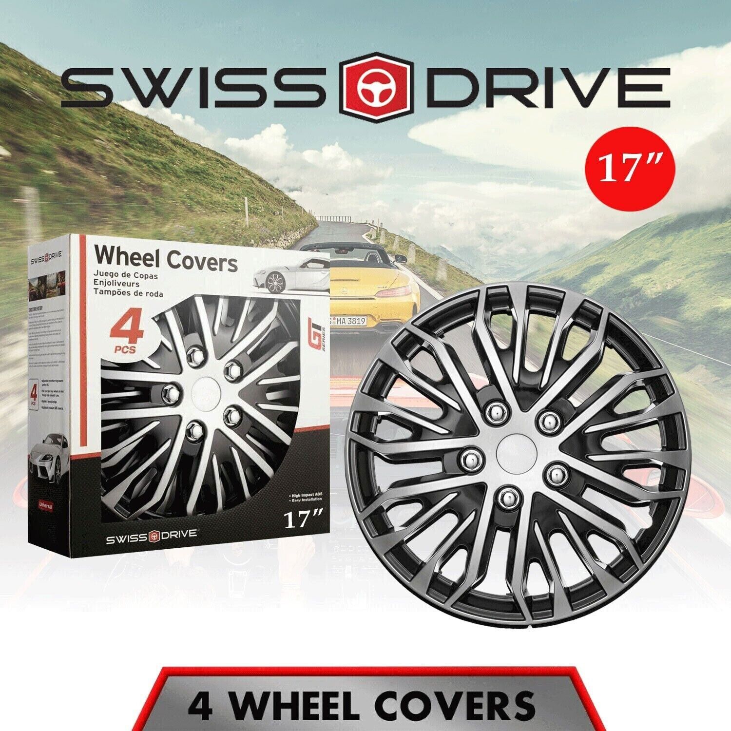 Swiss Drive Set 4 Hubcaps 17\'\' Wheel Cover Austin Silver Black ABS Easy Install