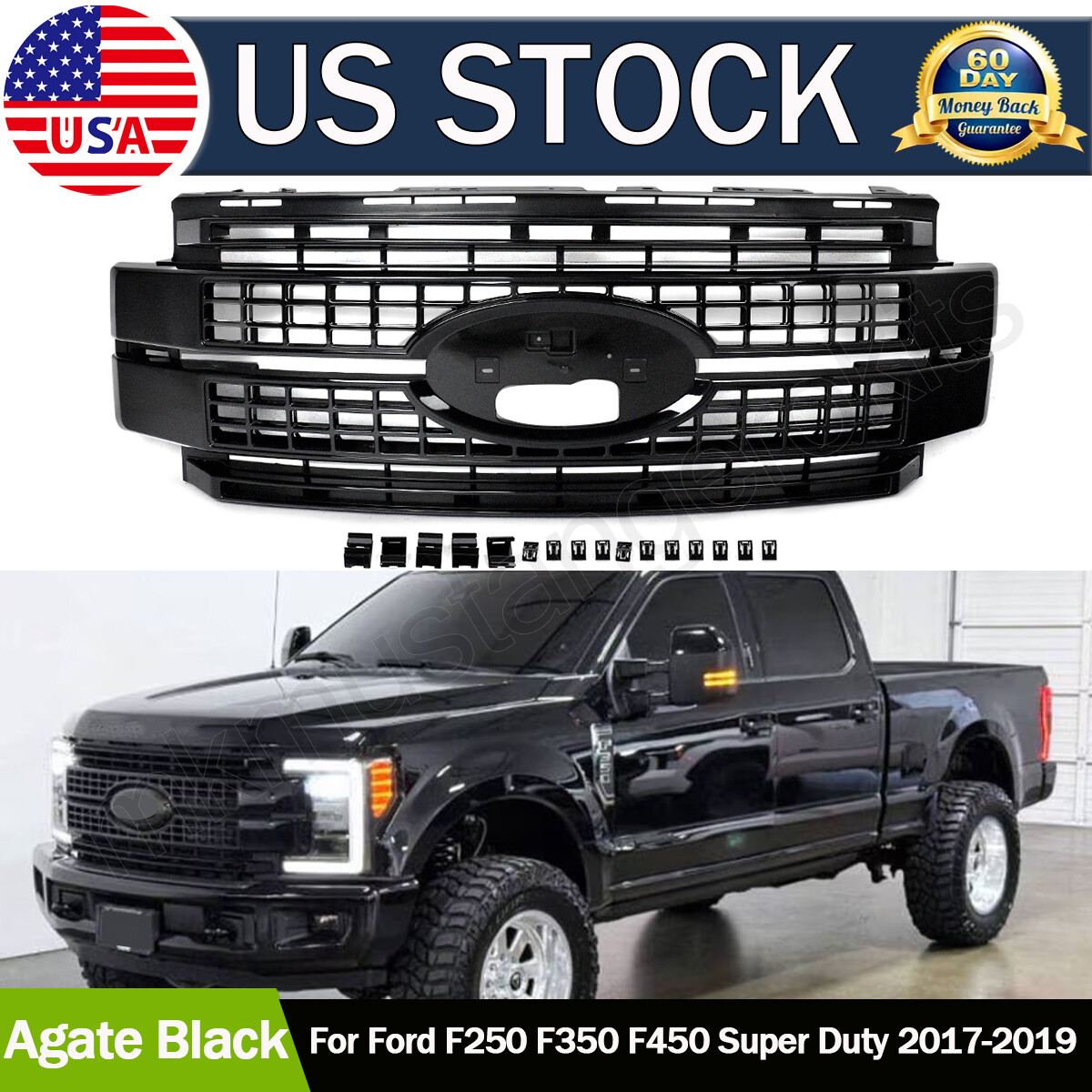 For 2017-2019 Ford F250 F350 F450 Super Duty Platinum Front Grille Agate Black