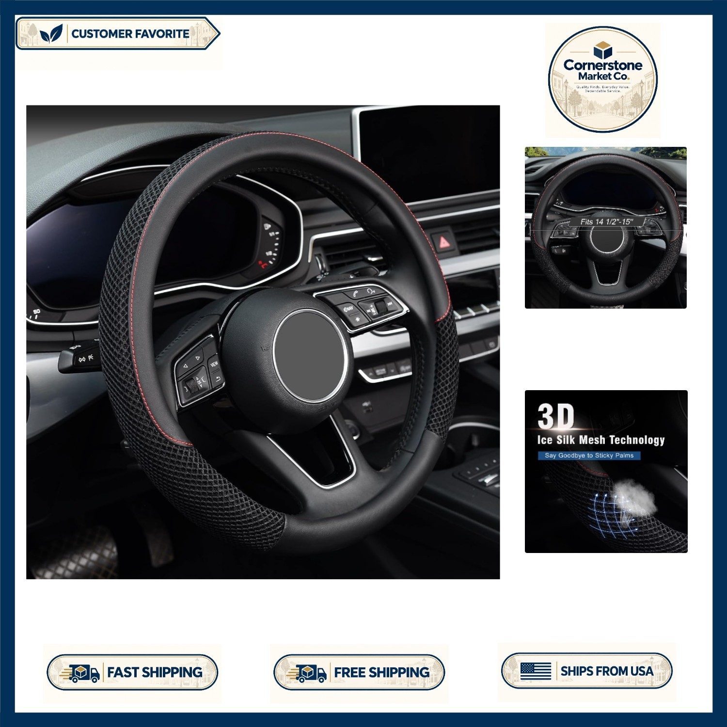 Elegant Black Faux Leather Steering Wheel Cover - 15 Inches with Easy Install