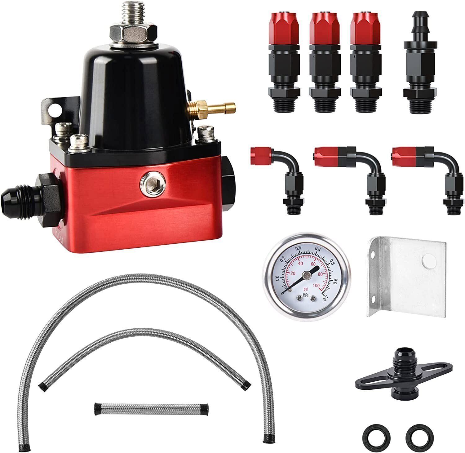 LokoCar Adjustable Fuel Pressure Regulator Kit Oil 0-100psi Gauge 6AN Black&Red