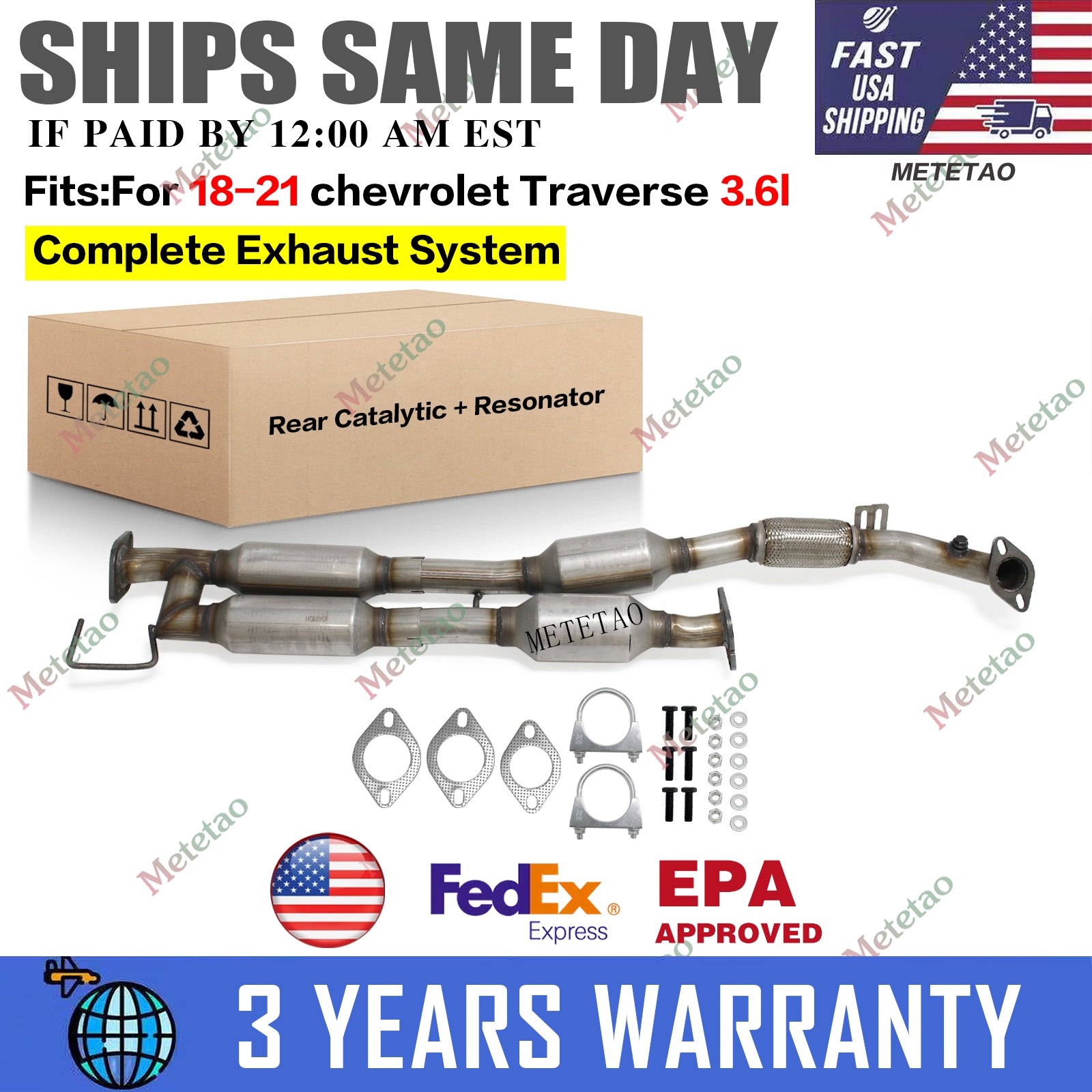 Rear Catalytic + Resonator For 18-21 Chevrolet Traverse 3.6L Fast Shipping New