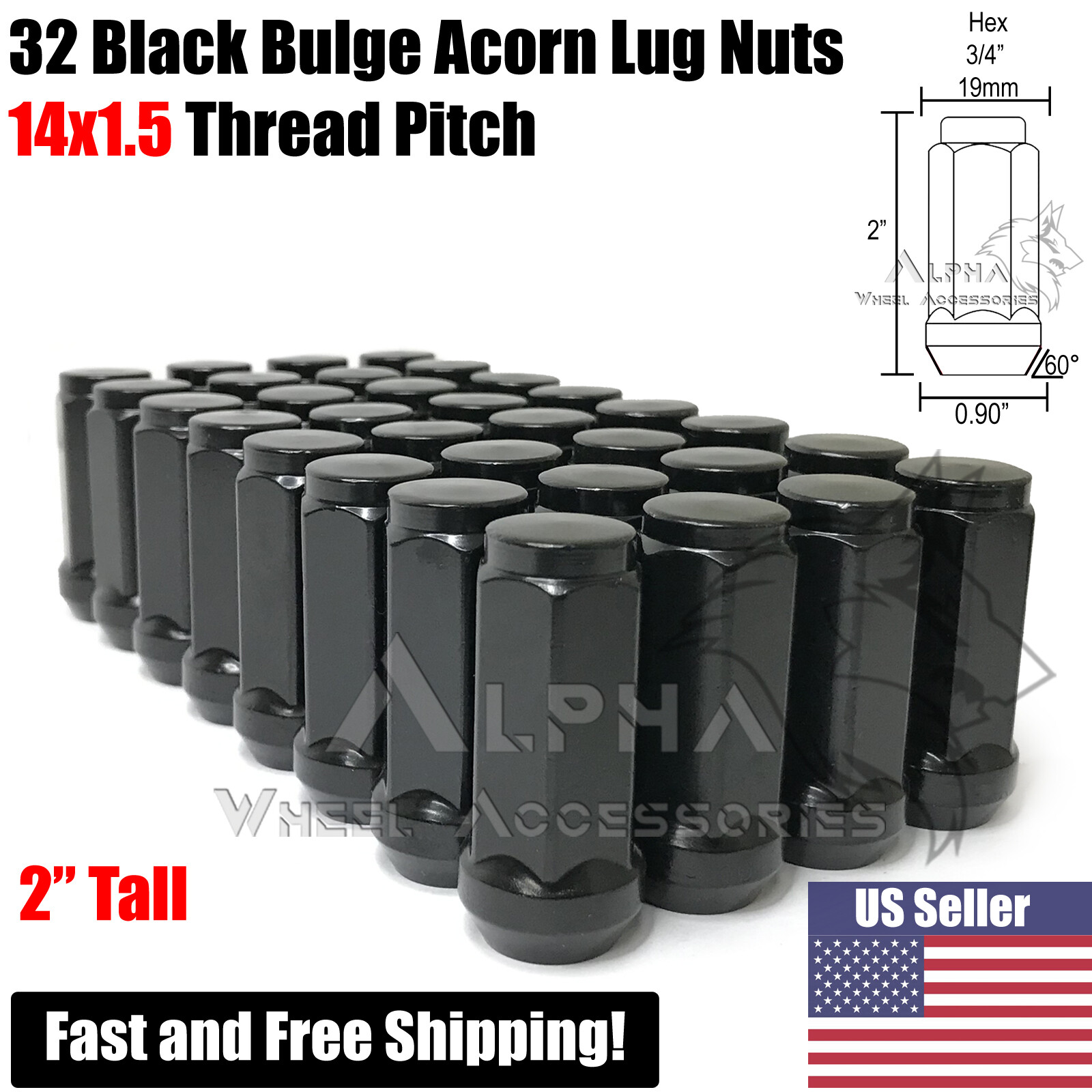 32 Black Bulge Acorn Lug Nuts 14x1.5 XL 2\