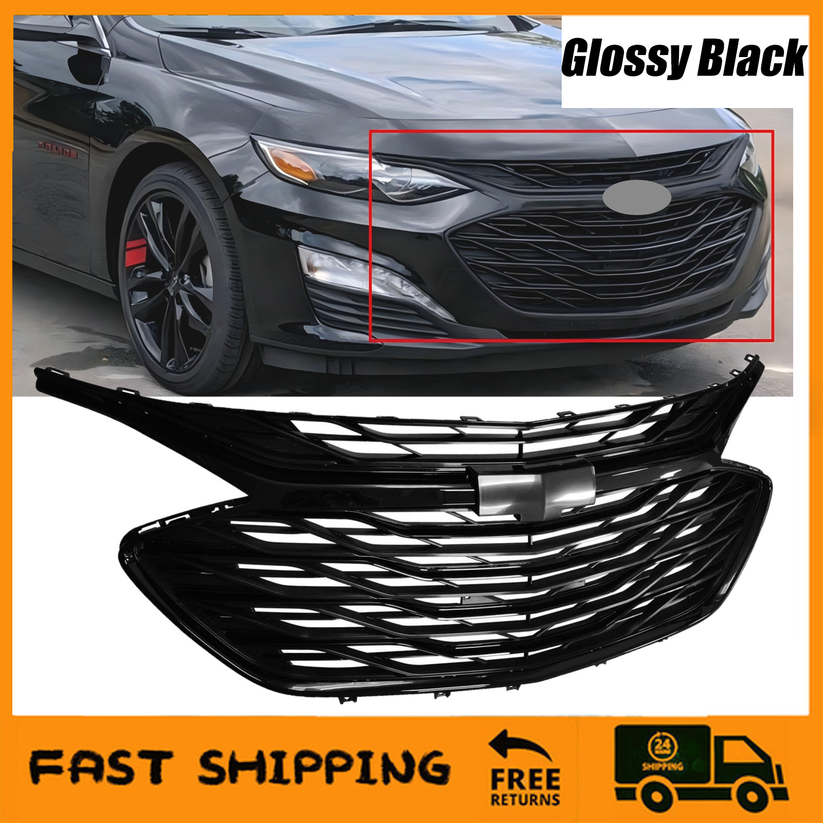 2019-2025 Chevy Malibu Front Upper Grill & Lower Grill & Glossy Black Grill Trim 2019-2025 Chevy Malibu Front Upper Grill & Lower Grill & Glossy Black Grill Trim