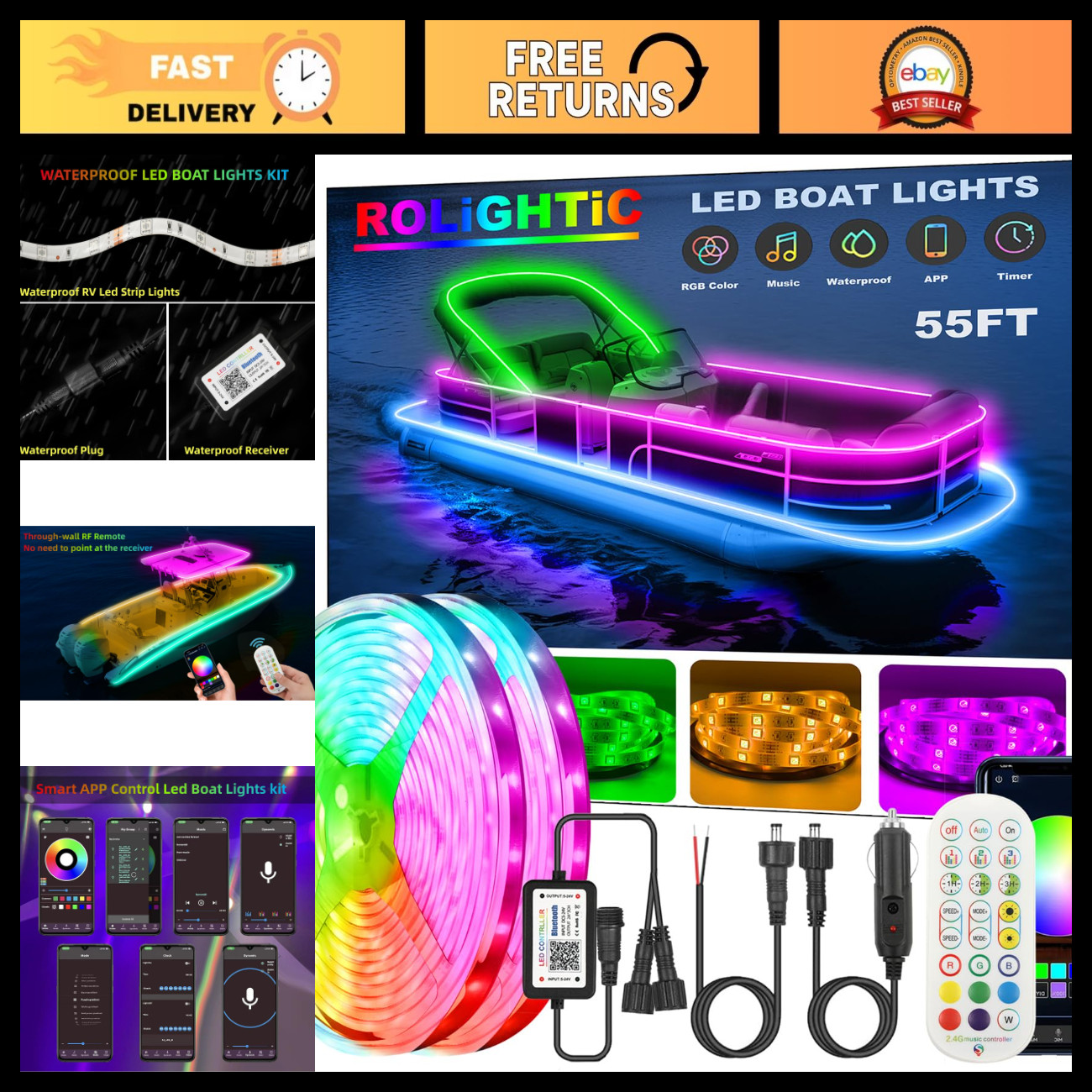55FT Waterproof RGB LED Boat Lights, 12V Remote Control Marine Strip Lighting