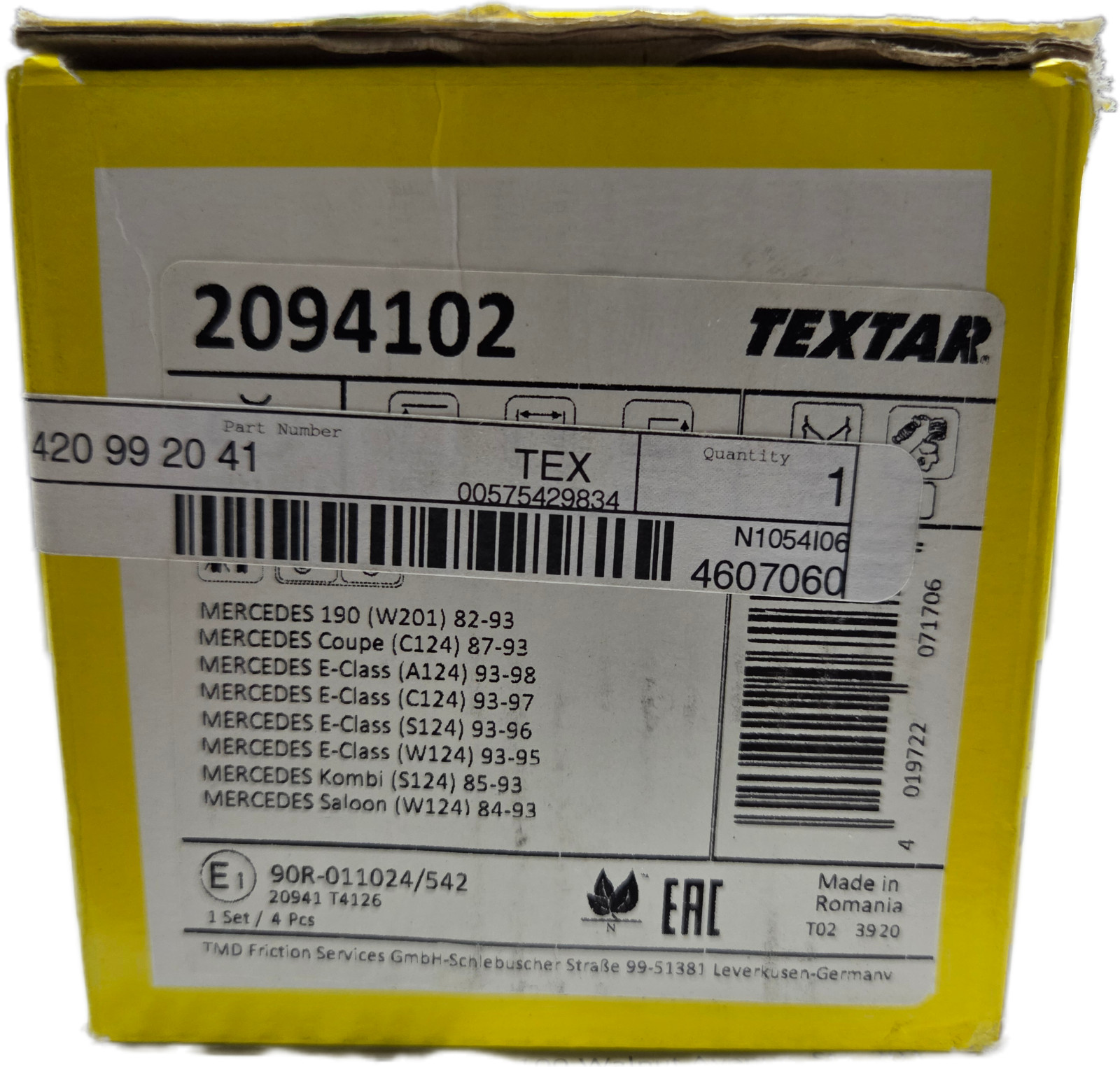 TEXTAR 2094102 Front Brake Pad Set Mercedes W124 W201 C124 S124 0004209920