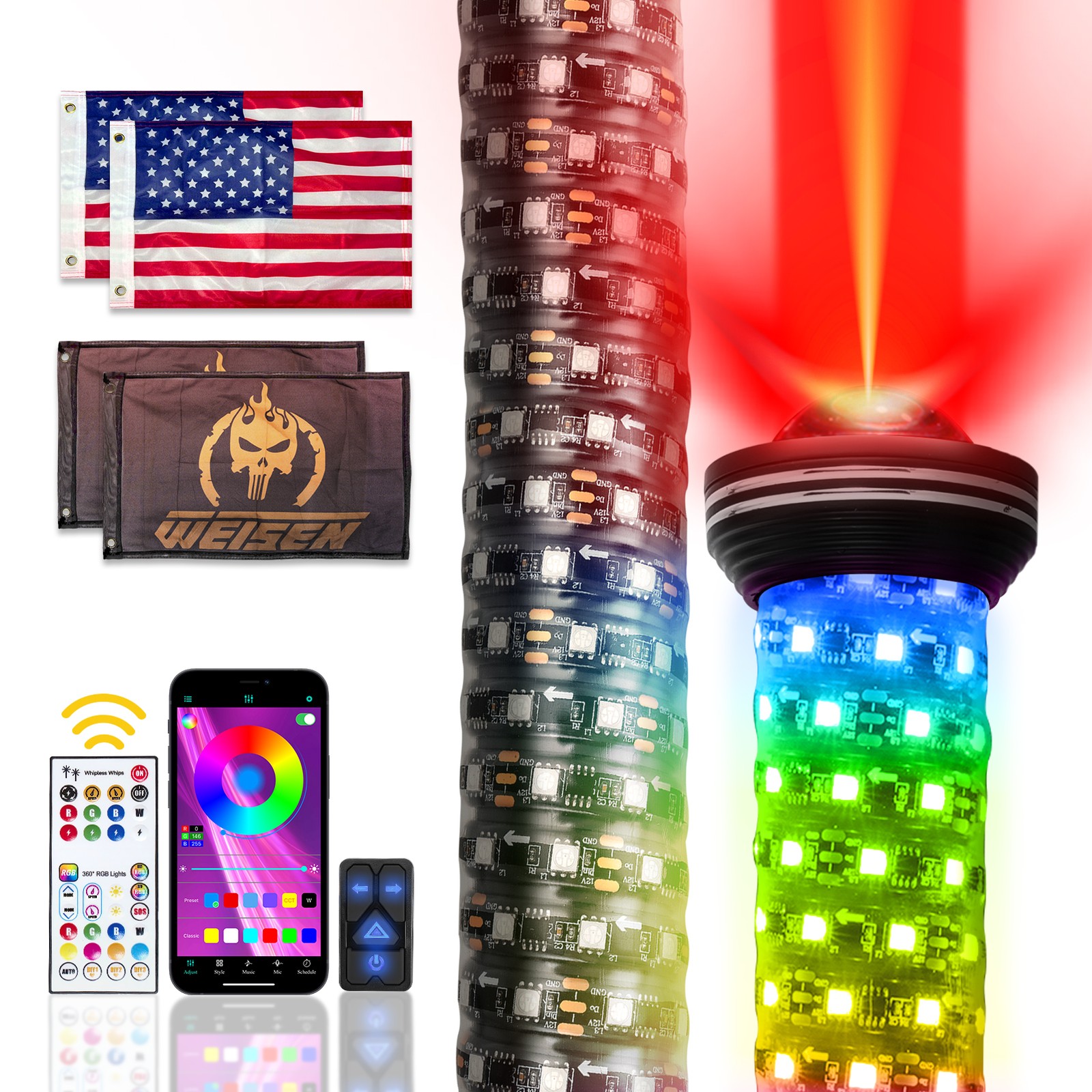 2-IN-1 3FT Fat Whip Lights Spiral Chasing Laser Whip Lighted Antenna For UTV ATV
