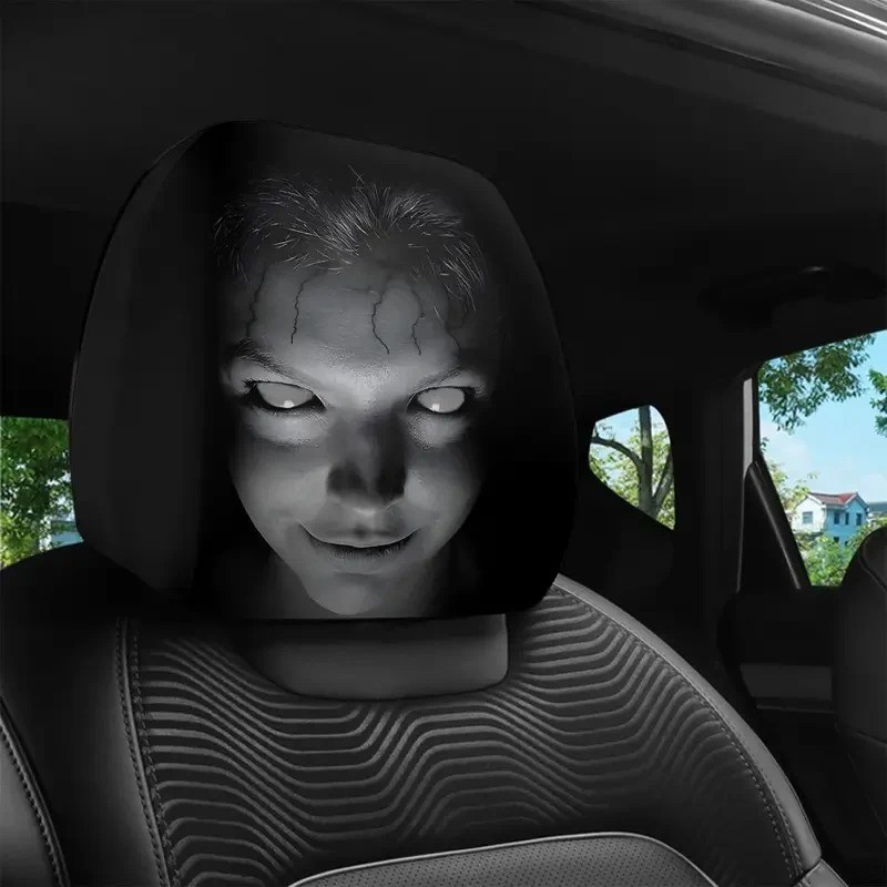 2pcs Ghost Face Headrest Covers,Scary Face Printing Auto Seat Universal Elastic