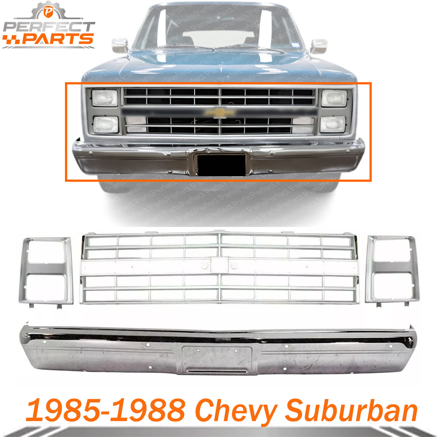 Front Bumper Chrome + Grille + Headlight Bezels For 1985-88 Chevrolet C/K-Series Front Bumper Chrome + Grille + Headlight Bezels For 1985-88 Chevrolet C/K-Series