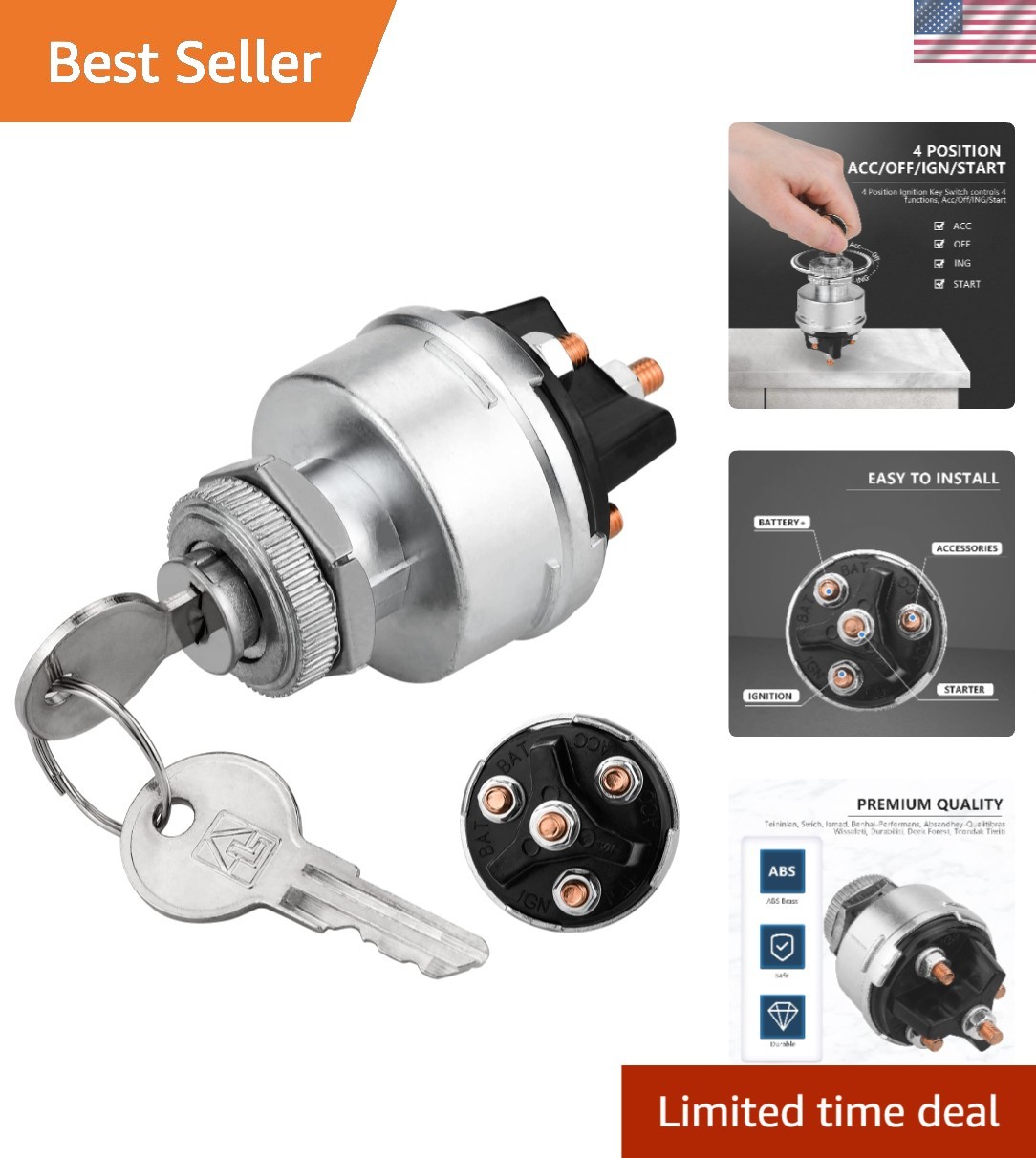 High-Performance 4-Position Ignition Switch with Key - Easy Install 12V Solution