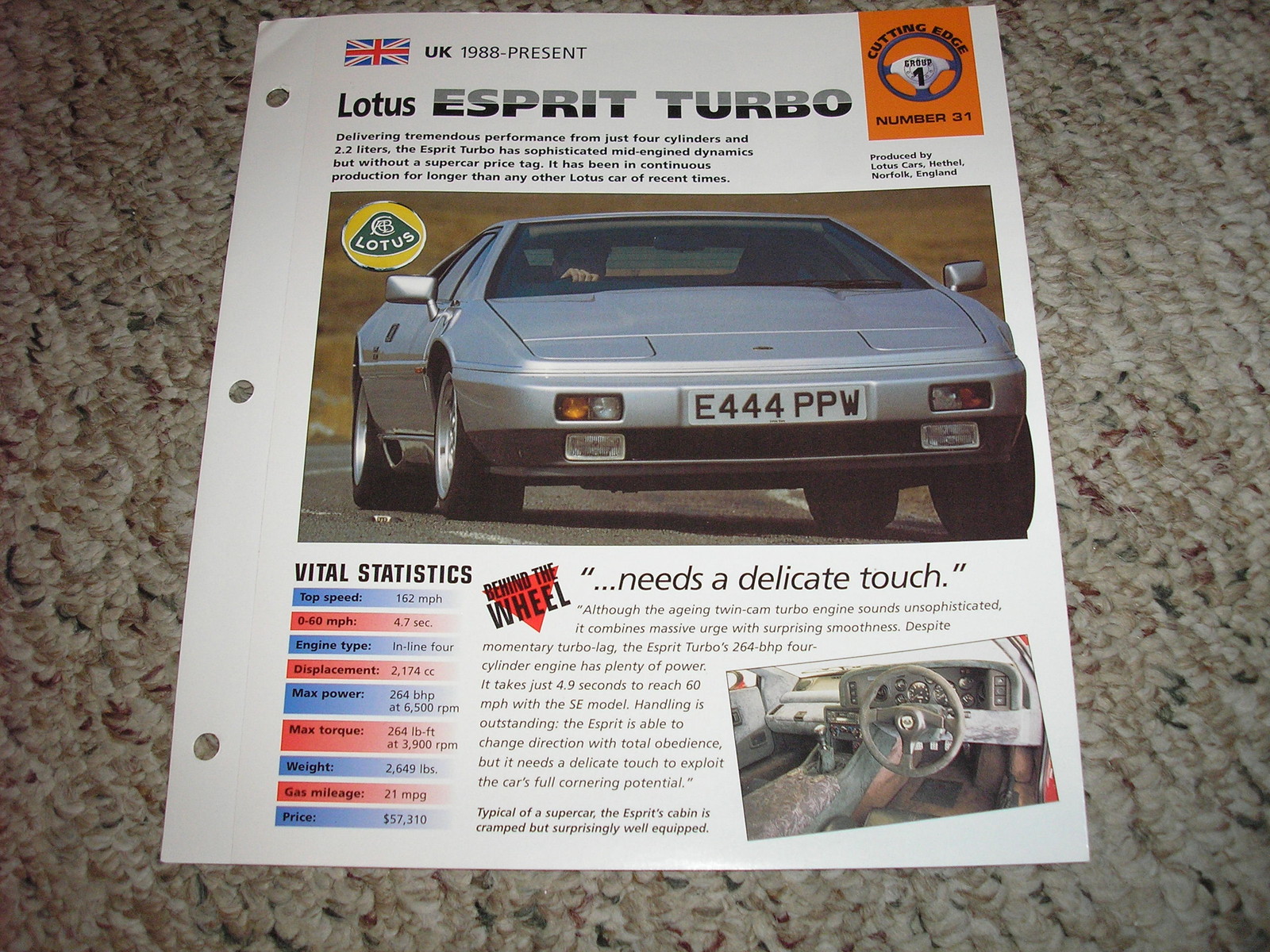 UK 1988-Present Lotus Esprit Turbo Hot Cars Group 1 # 31 Spec Sheet Brochure