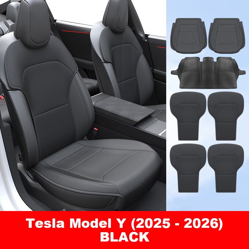Full Set 5-Seat Cover Nappa Leather Cushion Black For 2025-2026 Tesla Model Y