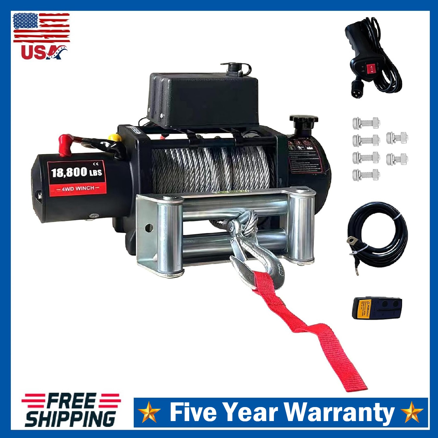 18800LBS Electric Winch 12V 78FT Steel Cable Off-Road Winch Truck Trailer Towing